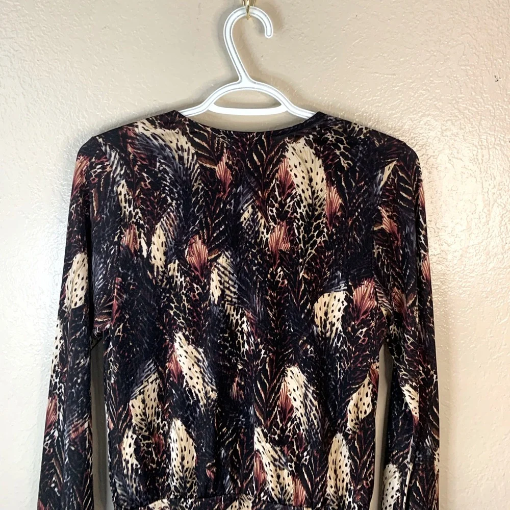 Veronica M Boho Feather Print Surplice Faux Retro Wrap Bell Sleeve Blouse Size S